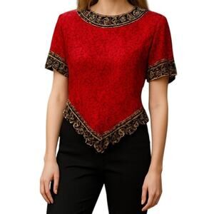 Laurence Kazar Silk Red Green Black Beads Bling Baubles Bows Lined Top Shirt P L